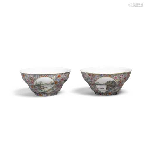 A pair of millefleur ogee bowls with landscape reserves