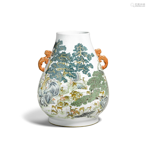 A famille rose 'One Hundred Deer' Vase, hu six