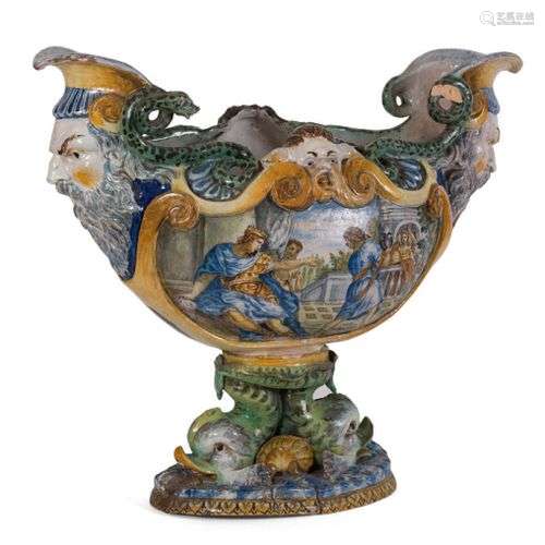 Grande coupe sur piédouche en barbotine200/300 polychrome à ...