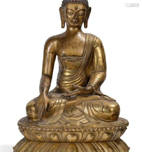 Statue en cuivre anciennement dorée, représentant le Bouddha...