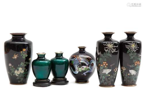 Six small Japanese cloisonné vases