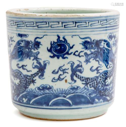 A blue and white dragon pot