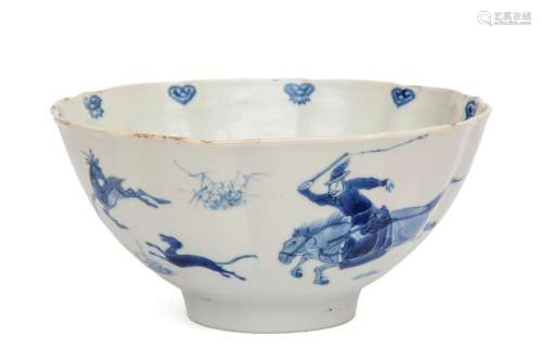A blue and white bowl with hunting scene