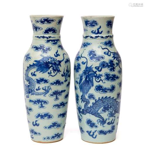 A pair of blue and white dragon vases