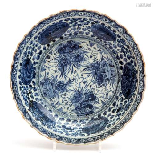 A Ming blue and white dish with barbed rim