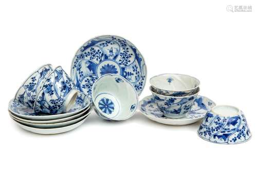 Six blue and white tea bowls and saucers