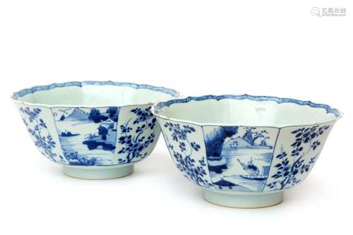 A pair of octagonal blue and white bowls