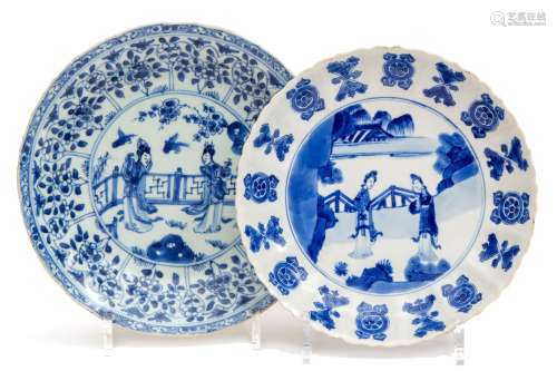 Two blue and white Long Eliza plates