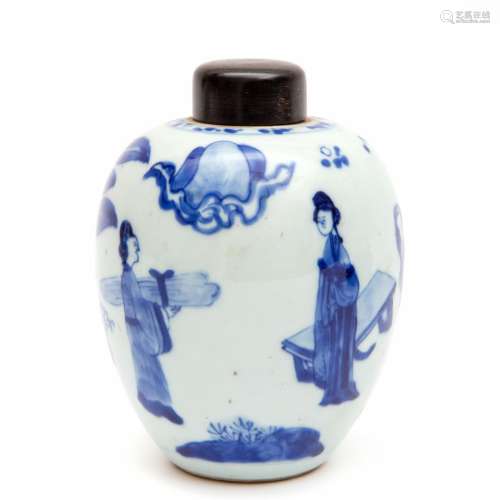 A blue and white ovoid tea canister