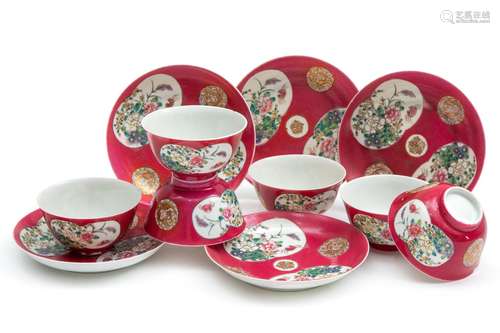 Six cups and five saucers ruby ground famille rose