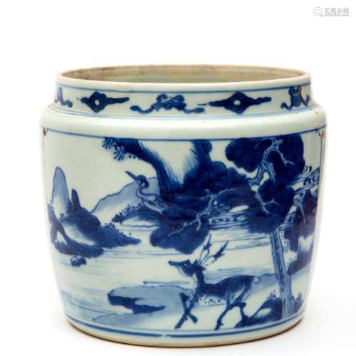 A blue and white deer and crane jar