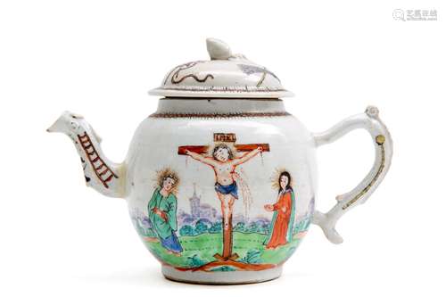 A Chinese porcelain Dutch decorated crucifixion teapot