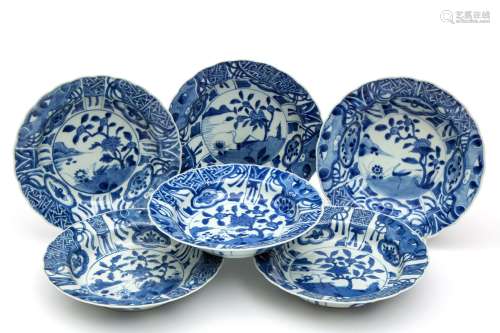 Six blue and white deep plates