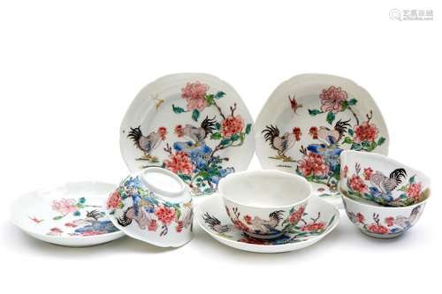 Four famille rose cockerel tea bowls and saucers