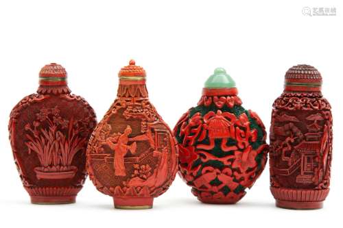 Four Chinese carved cinnabar lacquer snuff bottles