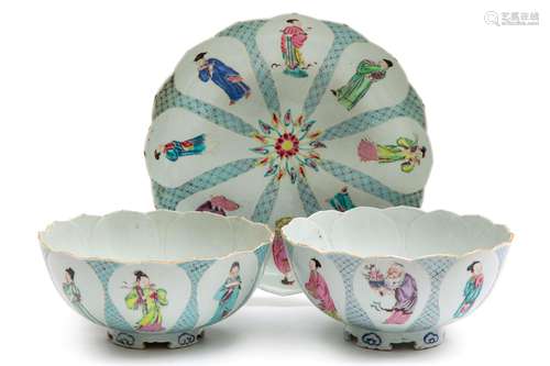 Two famille rose lotus bowls and a plate