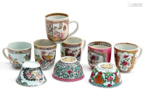 Nine famille rose cups without saucers