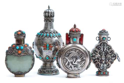 Four Chinese/Tibetan silver embellished snuff bottles