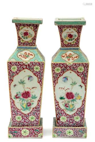 A pair of square tapered famille rose vases