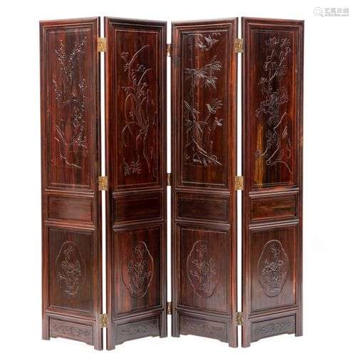A Chinese carved hardwood four-panel folding screen