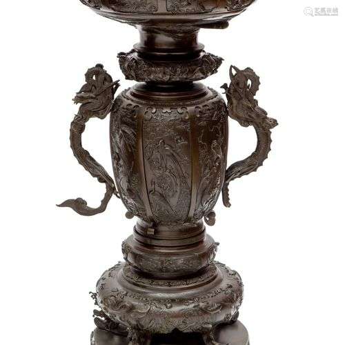 A large ornate Japanese bronze brazier