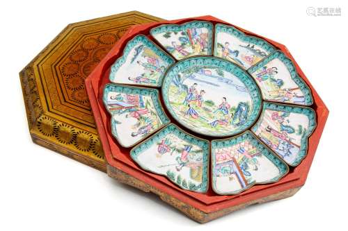 A Chinese Canton enamel sweet meat set in wooden box