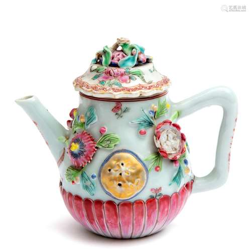 A famille rose flower encrusted teapot