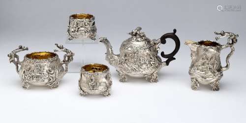 A five-piece silver tea service in the style of David Tenier...