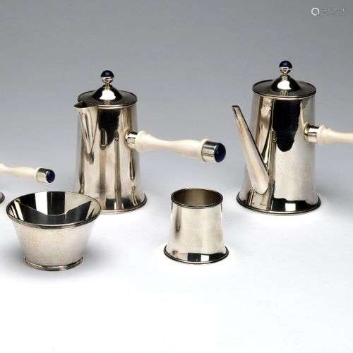 A Dutch silver five-piece service with ivory and lapis lazul...