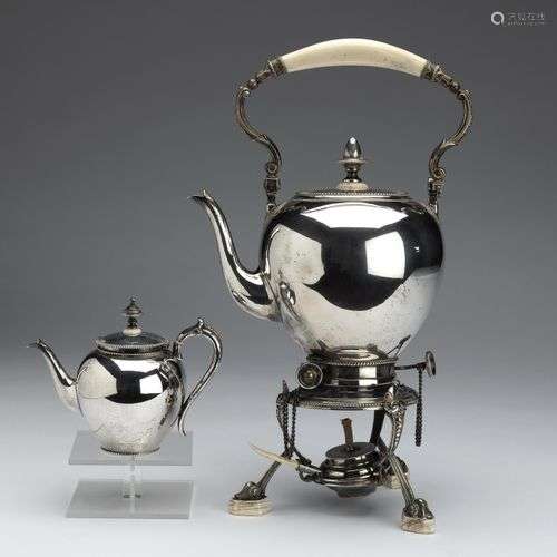 A Dutch silver kettle and burner and a small teapot