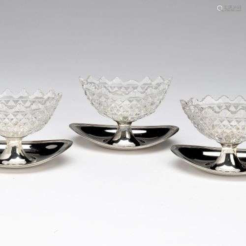 Three Dutch cut glass and silver salt cellars, D. L. Bennewi...