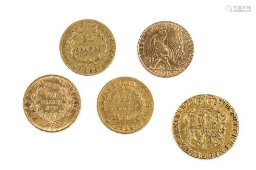 A collection of five gold coins