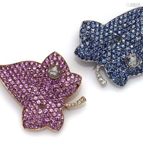 A pair of 18k gold sapphire and diamond brooches