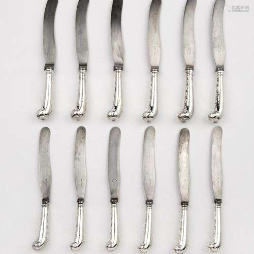 Six English silver table knives and six dessert knives with ...