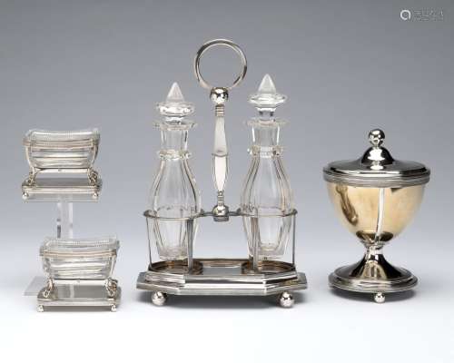 A Dutch silver oil and vinegar holder, two salt cellars and ...