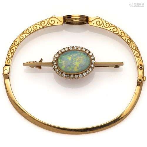 An antique 18k gold opal and diamond bangle