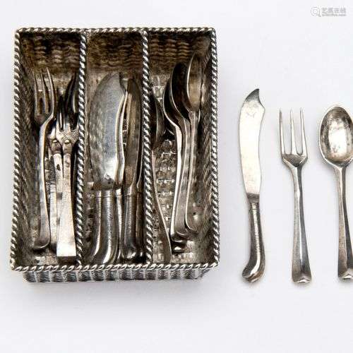 A Dutch silver miniature cutlery basket with six forks, spoo...