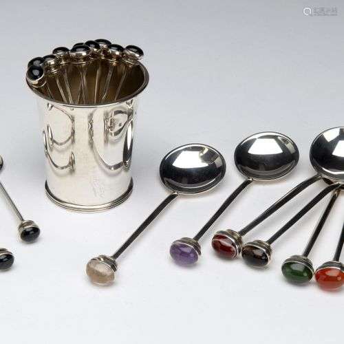Six Dutch silver dessert spoons and twelve teaspoons with ge...
