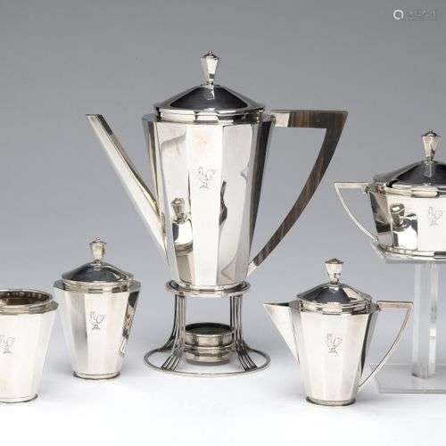 A Dutch silver five-piece coffee service and burner