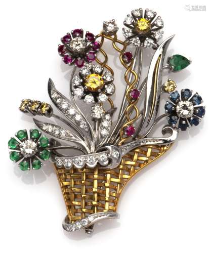 A 14k gold gem set and diamond flower basket brooch