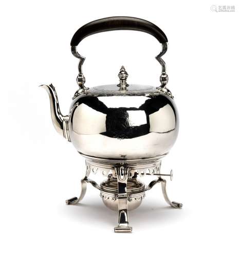 A Dutch silver tea kettle on stand with burner, The Hague