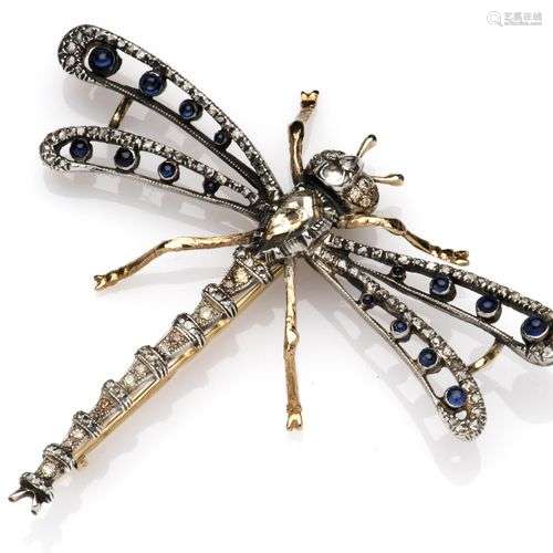 A 14k gold and silver diamond-set dragonfly brooch