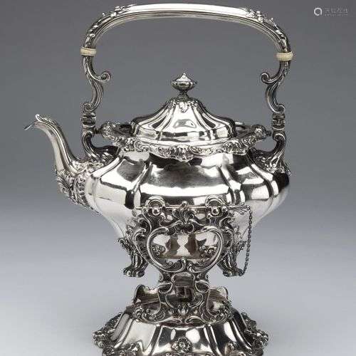 An American silver kettle and burner