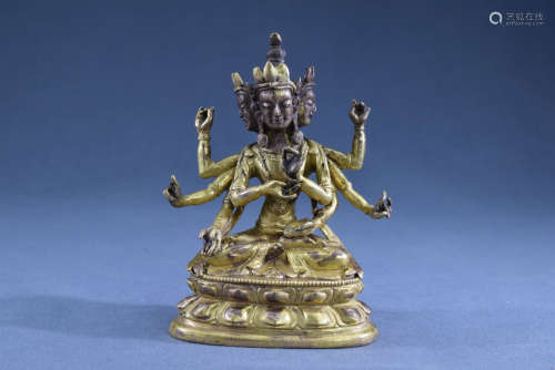 A Gilt Bronze Three Heads and Eight Arms Buddha Figure Statu...