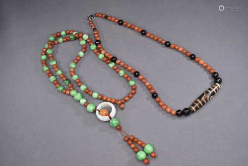A Group of Jadeite Necklace and Dzi Bead Necklace