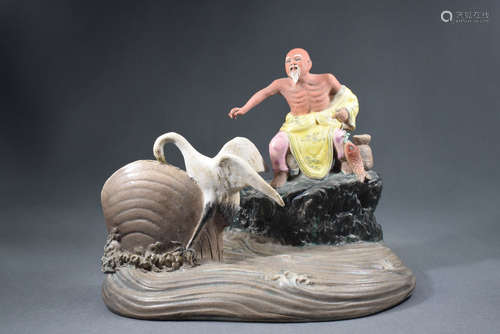 A Muli Colored Fish Man, Bird, Clam Porcelain Figure Statue