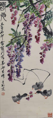 A Chinese Ducks with Flower Painting, Lou Shibai Mark