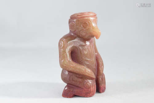 A Jade Bird Face Kneeling Man Figure Statue
