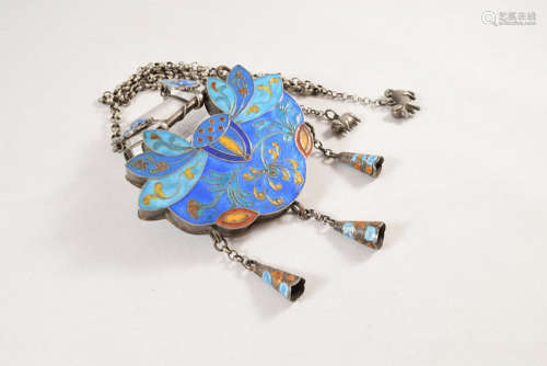A Chinese Silver Enameling Lotus Flower Necklace
