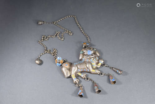 A Chinese Silver Enameling Lion Necklace